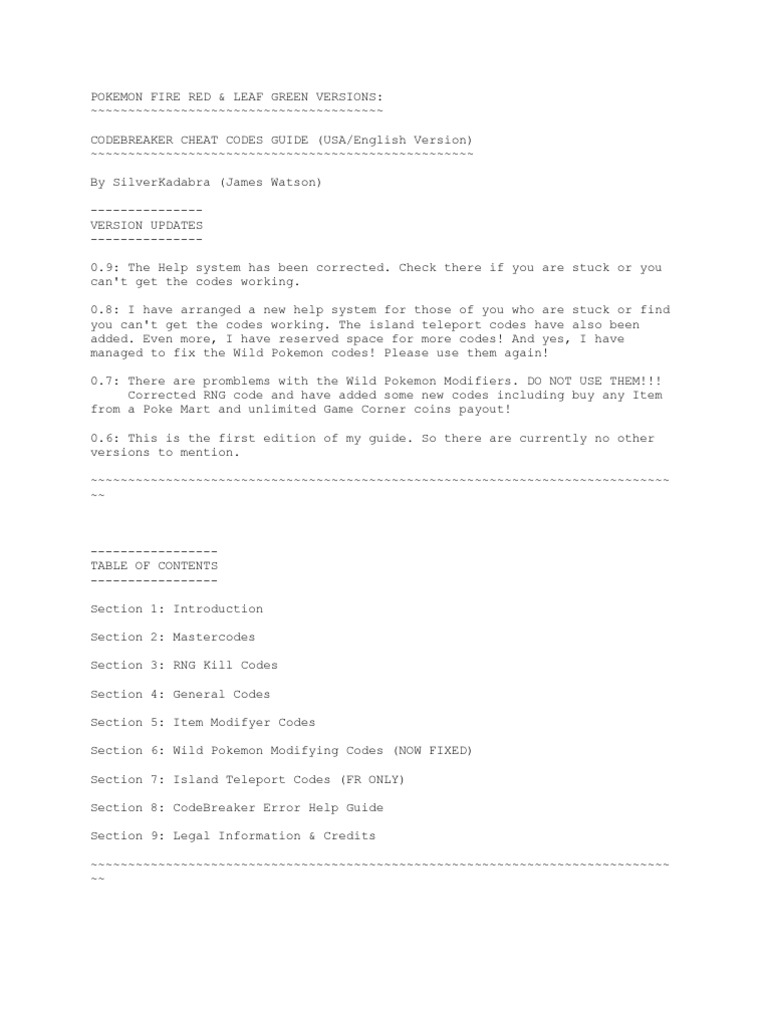 Pokemon Fire Red V1.1 Gameshark Codes