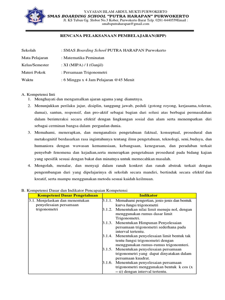 RPP I MTK Peminatan Kelas XI SEM 1 | PDF