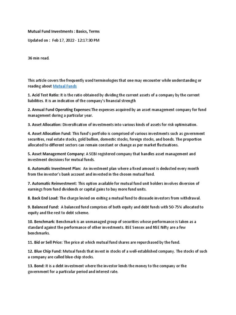 Mutual Fund Terminology PDF Investment Fund Mutual Funds