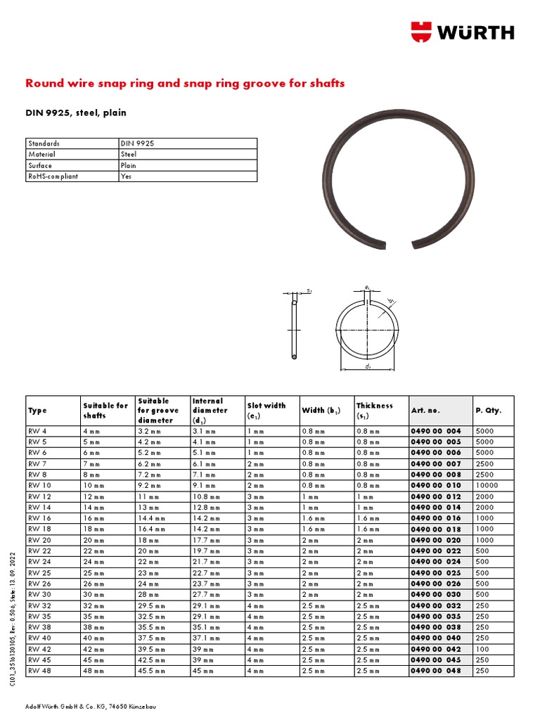 Round Wire Snap Ring and Snap Ring Groove For Shafts DIN 9925, Steel