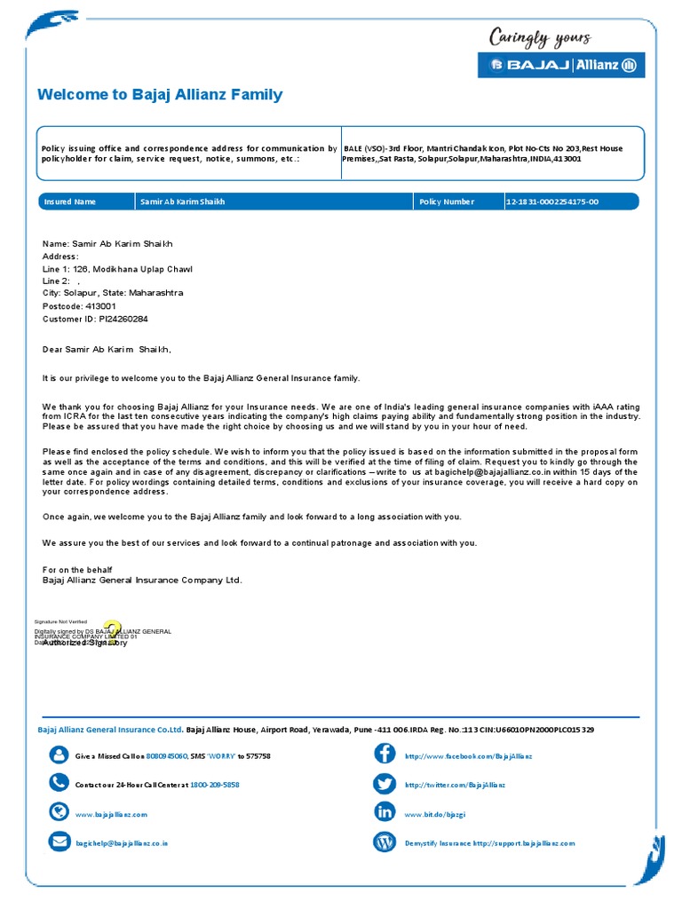 welcome-to-the-bajaj-allianz-family-policy-issuance-letter-for-samir