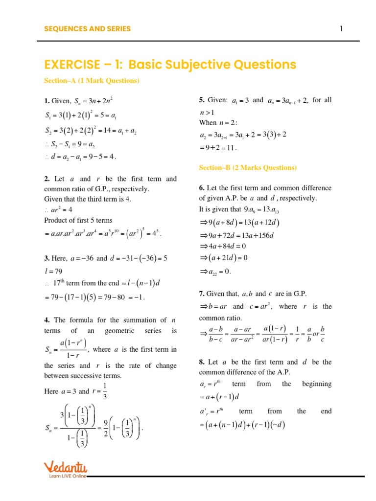 Sequences and Series - Solutions (Exercise-1) | PDF | Triangle | Algebra