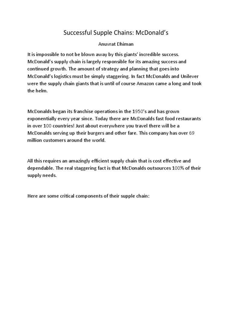 Successful Supply Chain Assignment Pdf Supply Chain Mc Donald S