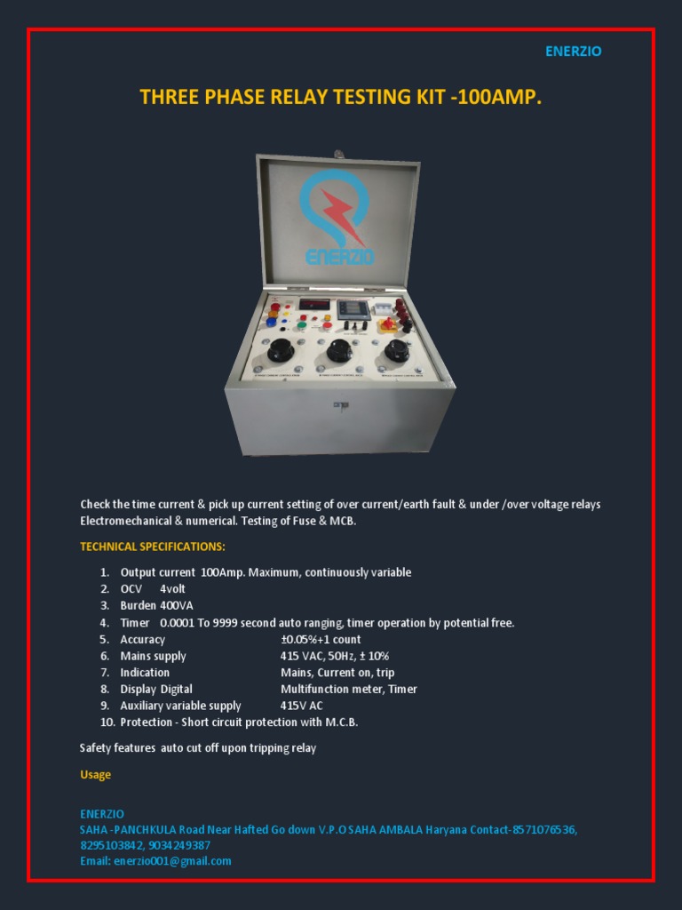 Three Phase Relay Testing Kit 100Amp Technical Specifications and