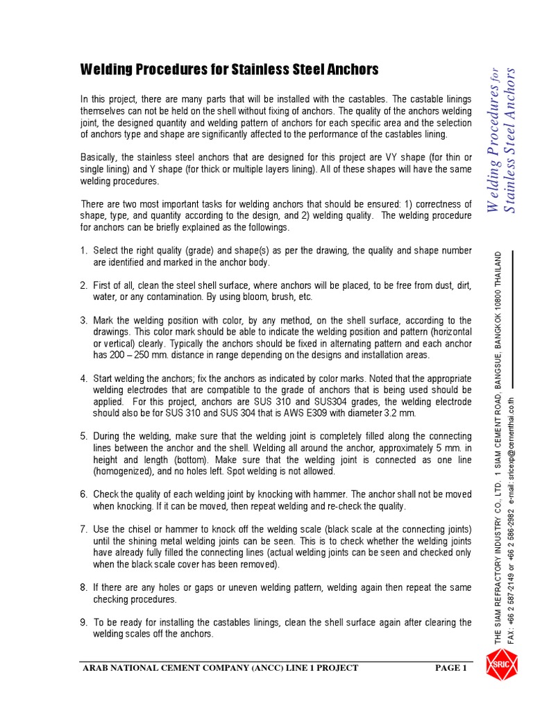 Welding Procedures For Stainless Steel Anchors PDF Welding