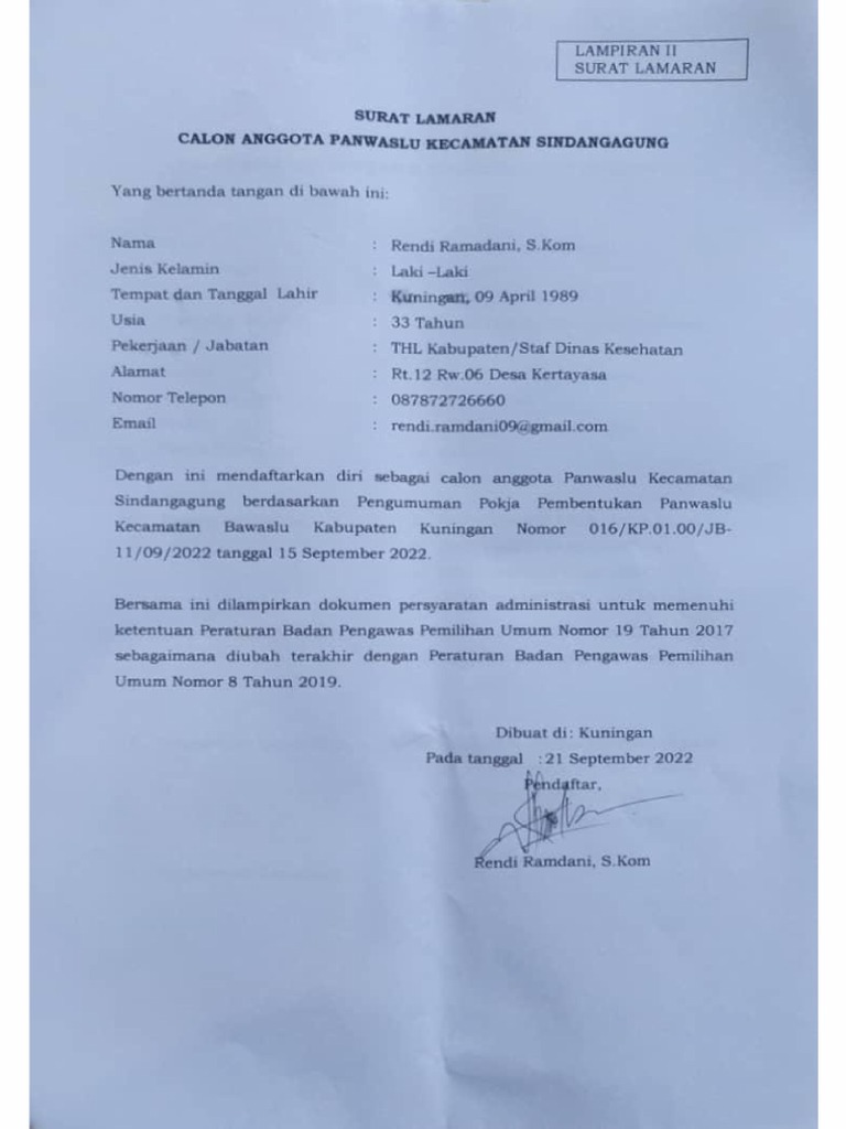 Lamaran Panwascam Sindangagung Rendi Ramdani | PDF