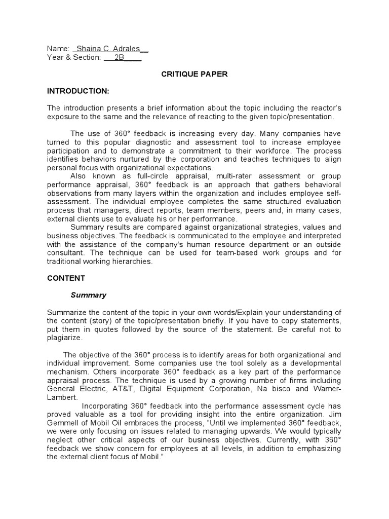 CRITIQUE PAPER FORMAT | PDF | Performance Appraisal | Evaluation