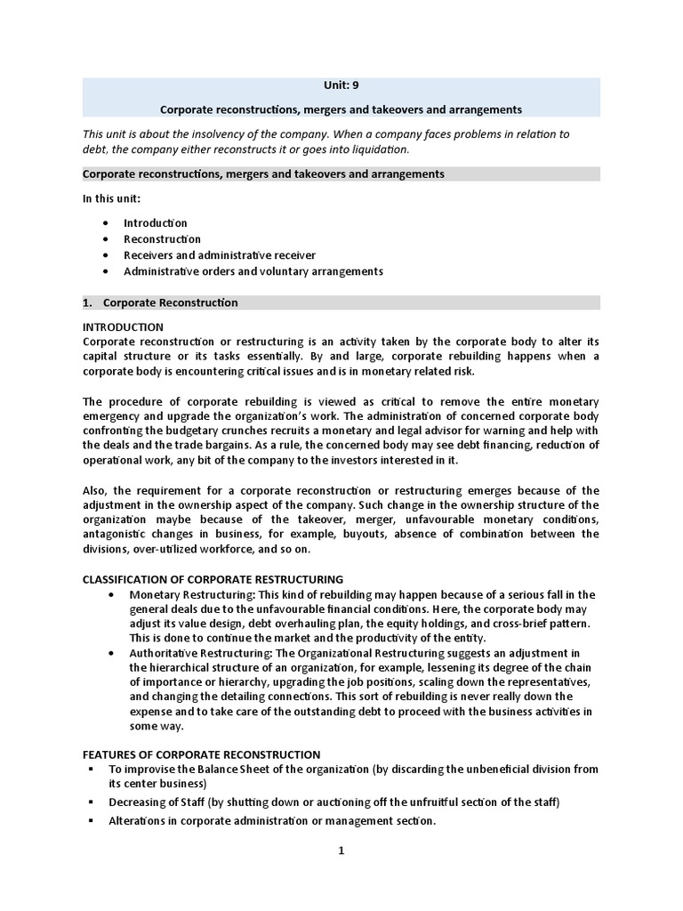 Unit 9 Corporate Reconstructions, Mergers, and Takeovers and