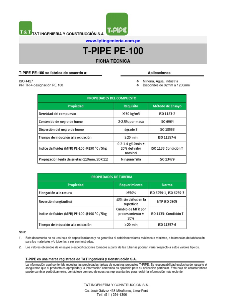 Ficha Tecnica T&T - Tuberia Lisa T-PIPE ISO 4427 PE-100 - Tabla | PDF ...