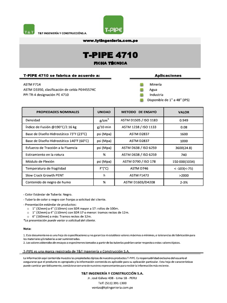 Ficha Tecnica T&T Tuberia Lisa TPIPE PE4710 (Con Tabla de Pesos) PDF