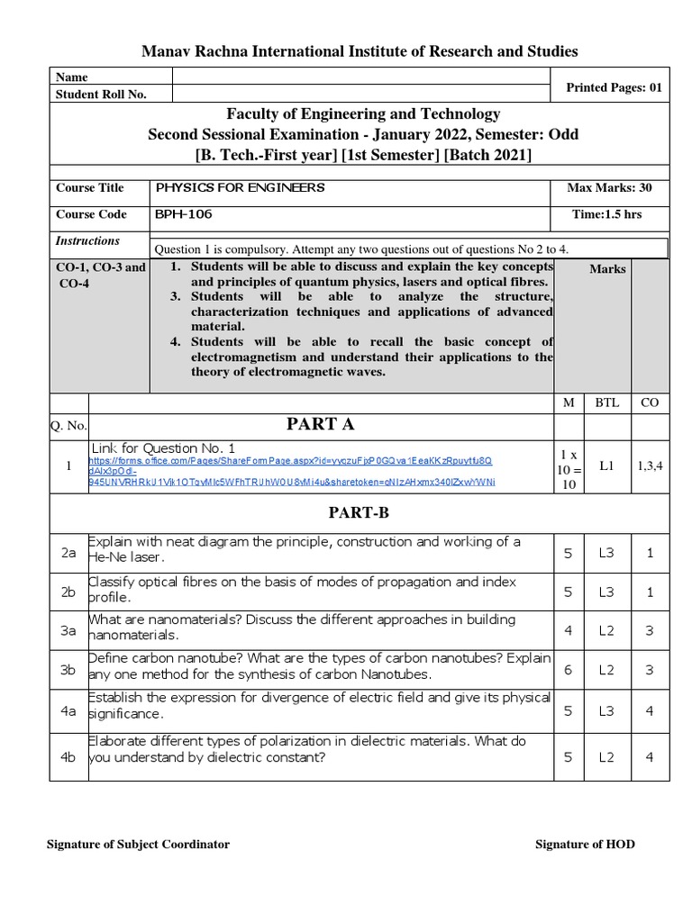 B.Tech Physics Exam Paper - Jan 2022 | PDF | Optics | Nanomaterials