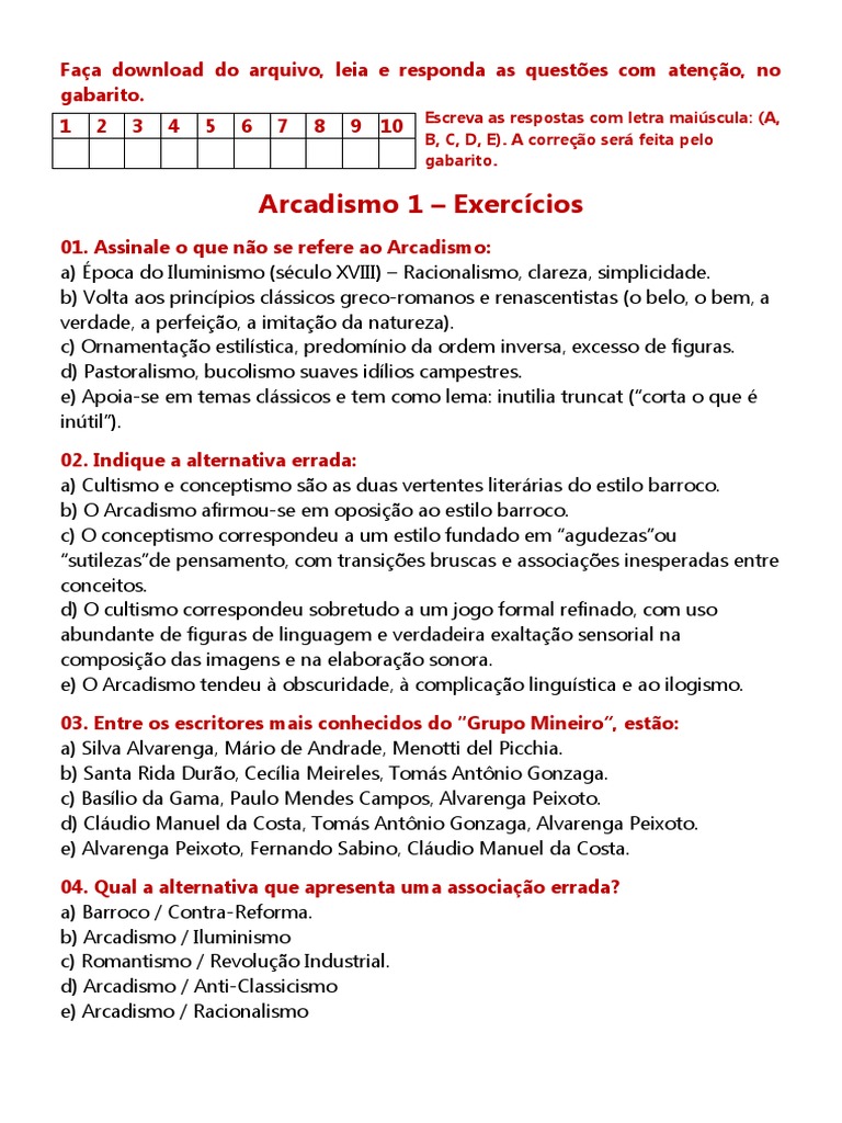 Exercícios sobre Arcadismo e Barroco | PDF | Barroco