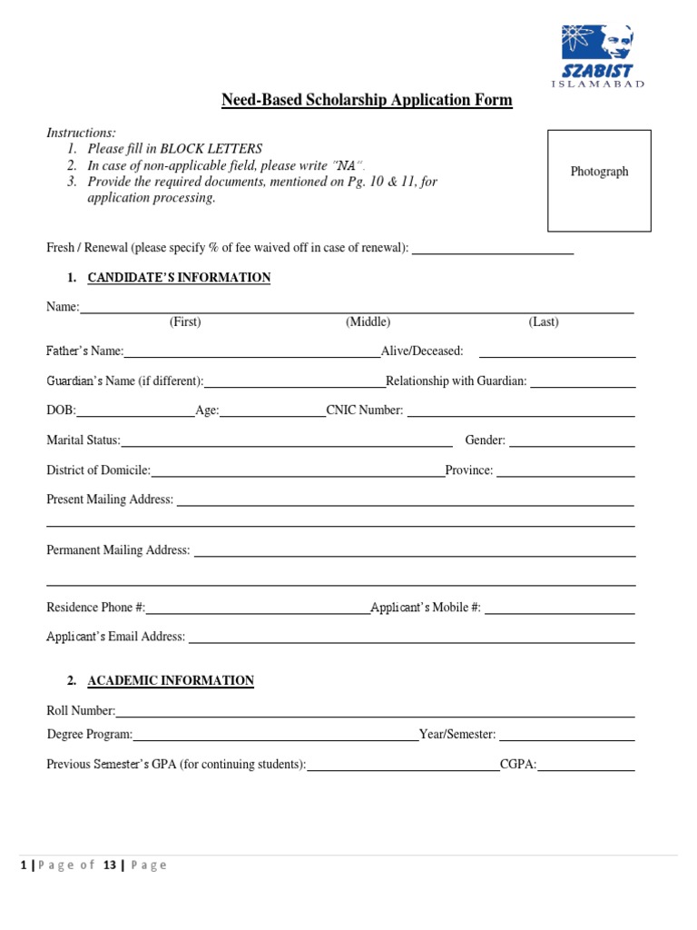 Need-Based Scholarship Application Form | PDF