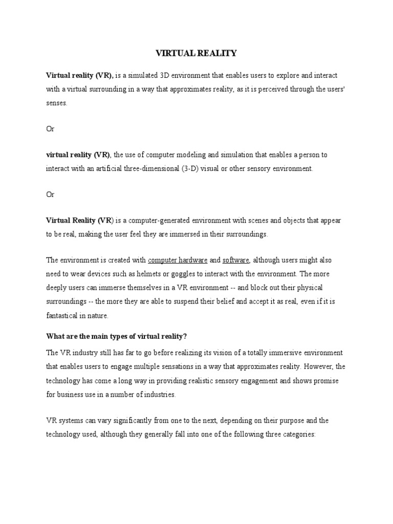 Virtual Reality PDF Virtual Reality Augmented Reality