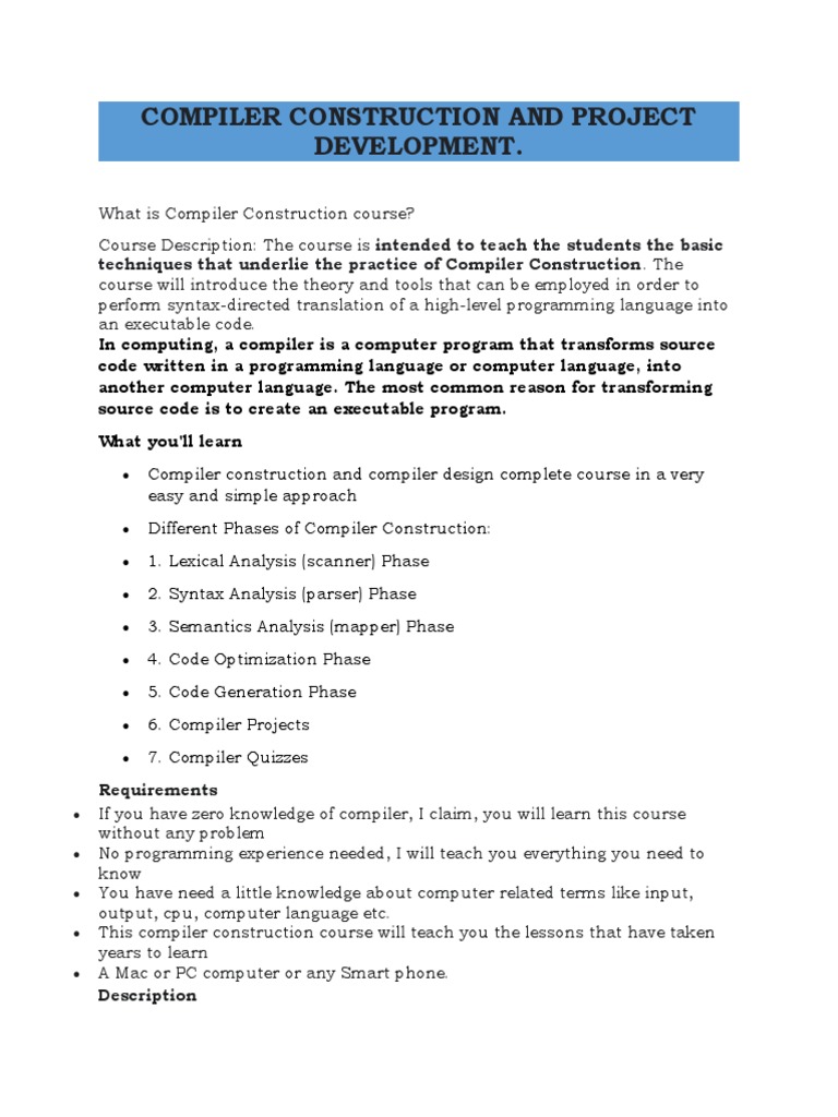Compiler Construction Course Overview | PDF | Compiler | Parsing