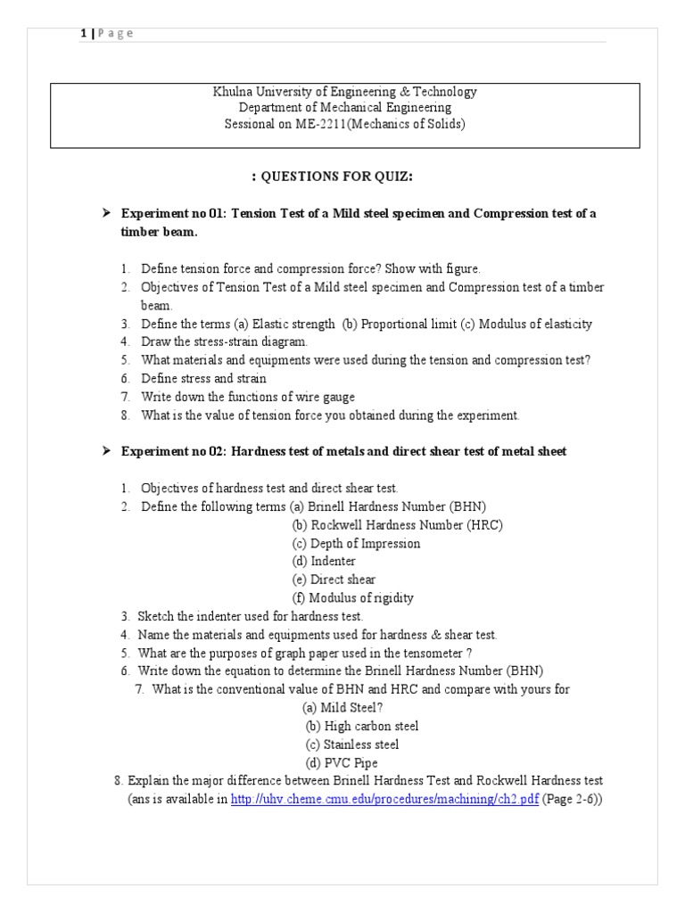Solid Mechanics Lab Quiz Question ME 2211 PDF Hardness Beam