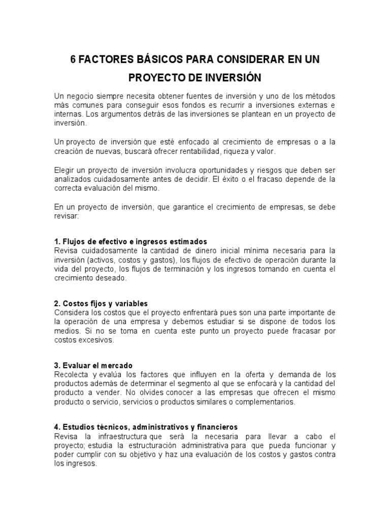 Factores Clave en Proyectos de Inversión | PDF | Inversiones | Business