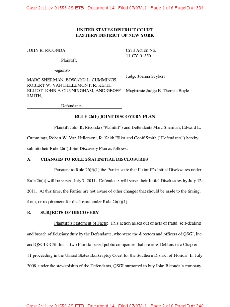 Rule 26f Joint Discovery Plan Case 11CV01556 Discovery (Law
