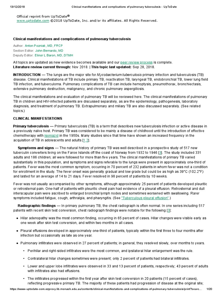Clinical Manifestations and Complications of Pulmonary Tuberculosis
