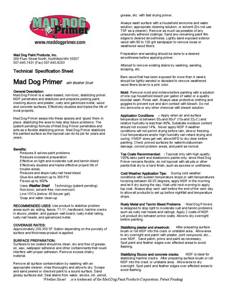 Mad Dog Primer Technical Specifications PDF Paint Manmade Materials