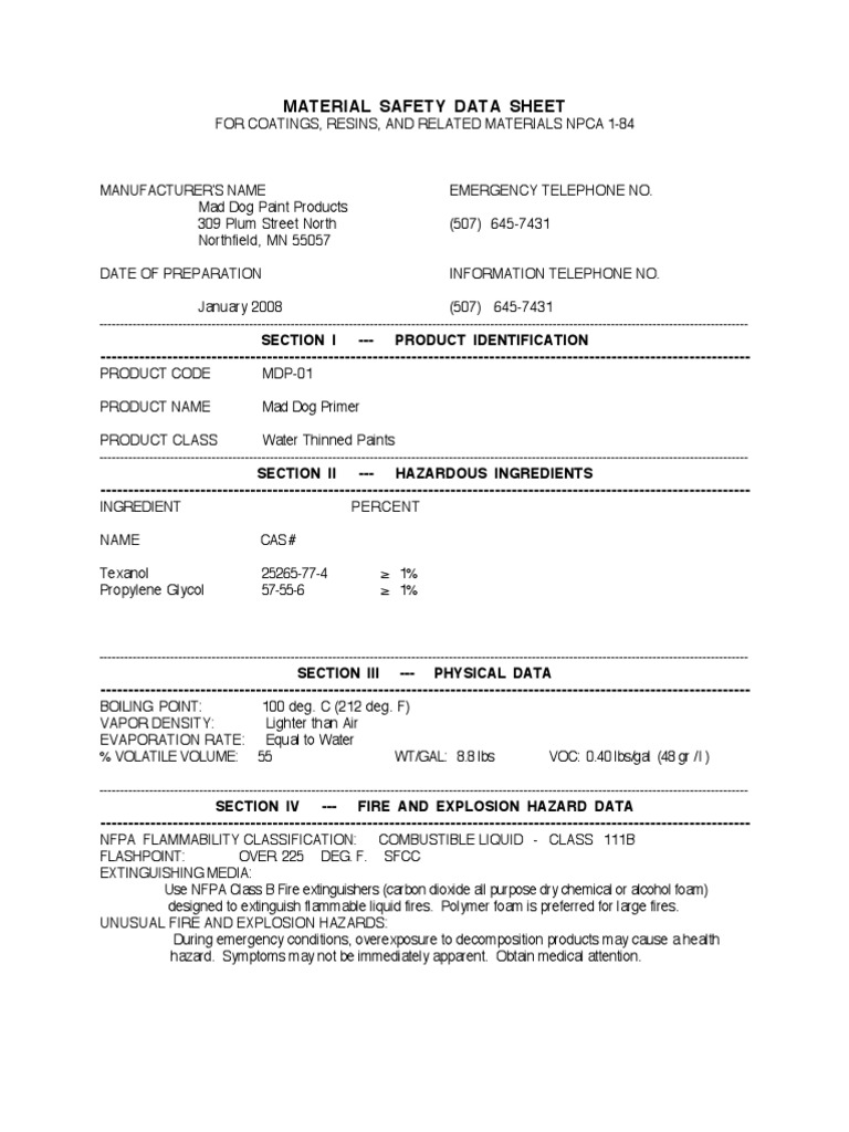 Mad Dog Primer Material Safety Data Sheet (MSDS) PDF Paint Chemistry
