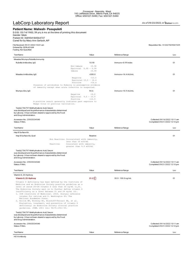 LabCorp Immunity and Hepatitis Tests Report | PDF | Hepatitis C | Vitamin D