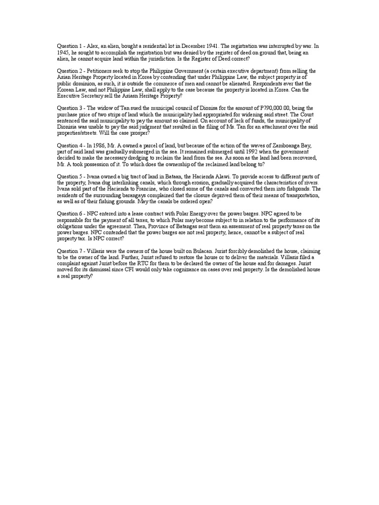 Analysis of Legal Questions Regarding Property Rights, Taxation, Jurisdiction, and Ownership