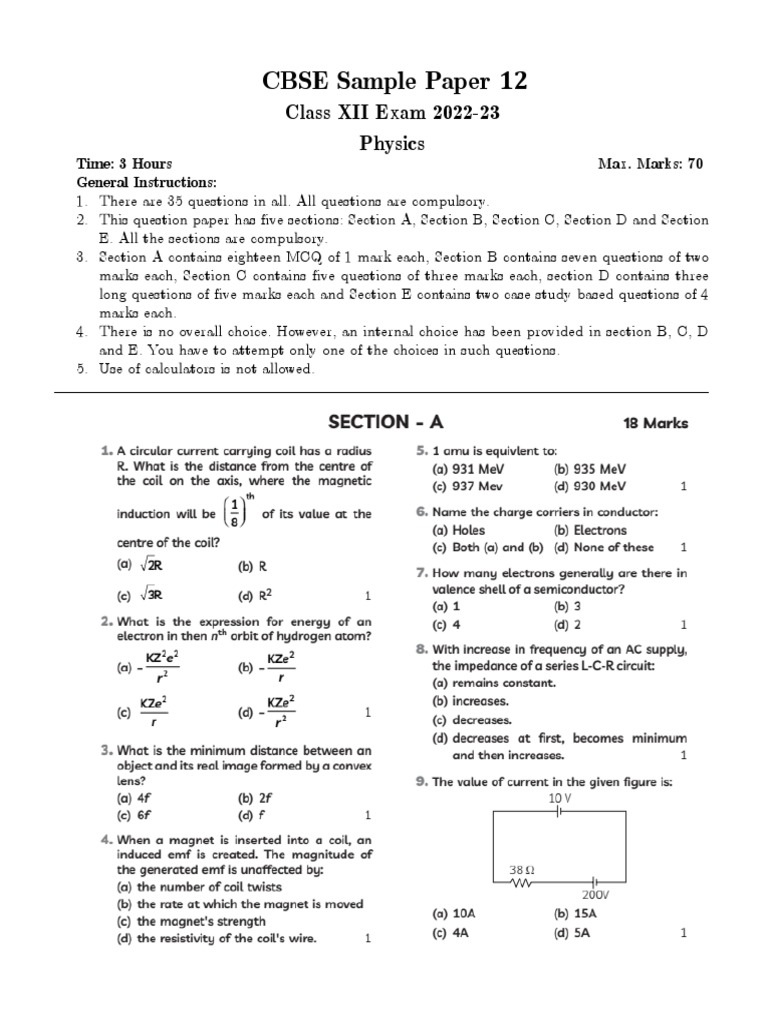 Physics SQP - 02 Latest (2023) Class 12 CBSE | PDF