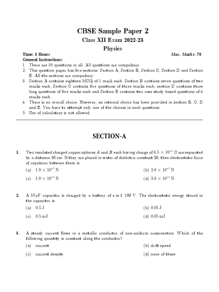 CBSE Class 12 Physics Sample Paper 5 | PDF | Capacitor | Electron