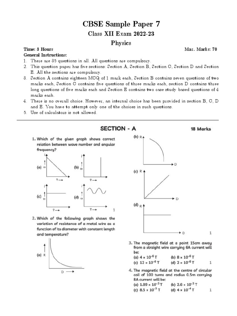 Physics SQP - 07 Latest (2023) Class 12 CBSE | PDF