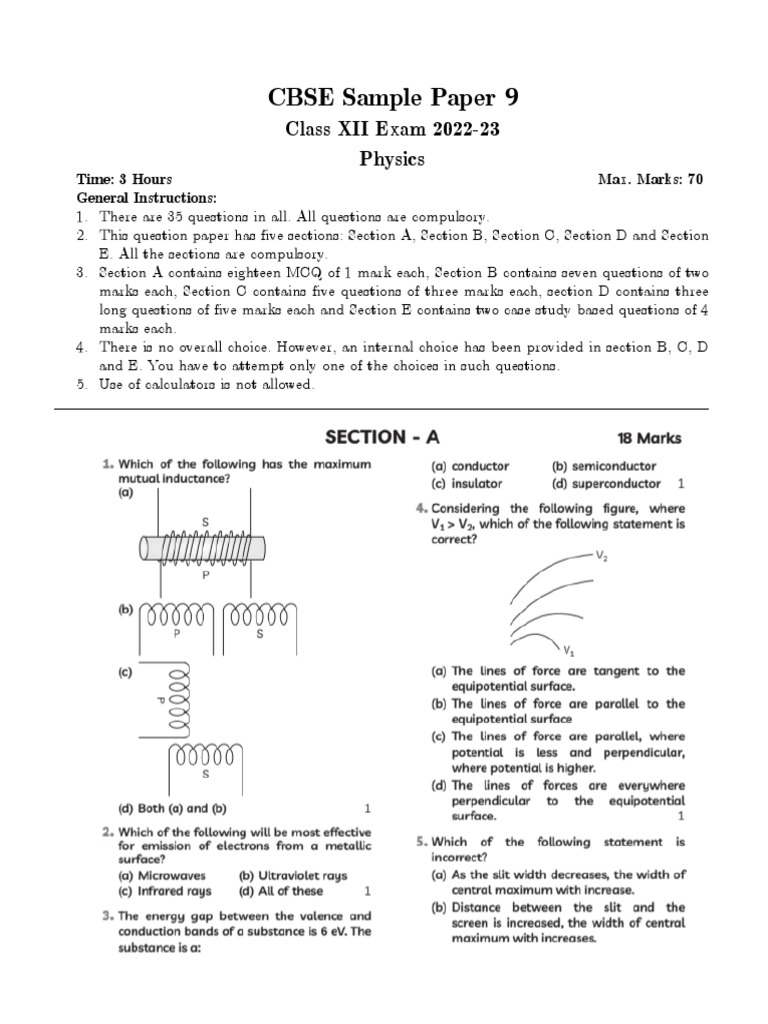 CBSE Class 12 Physics Sample Paper 4 | PDF