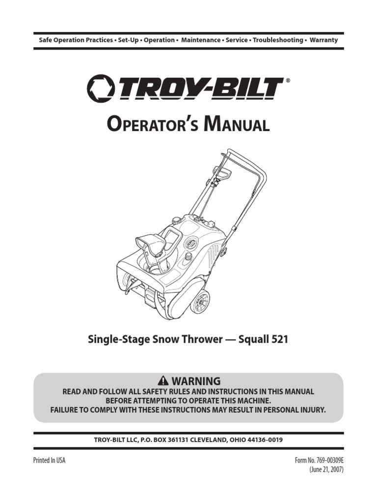 Troy Bilt Squall 521 OpMan (EN) PDF Belt (Mechanical) Carburetor