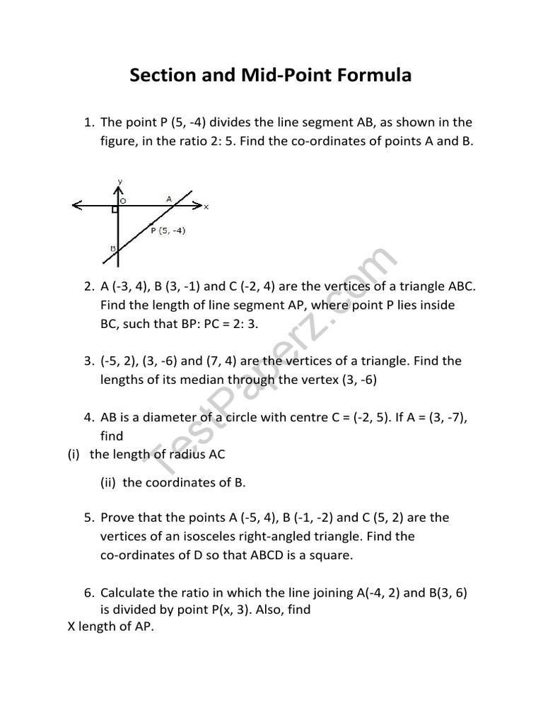 Section and Mid Point Formula Paper 1 PDF