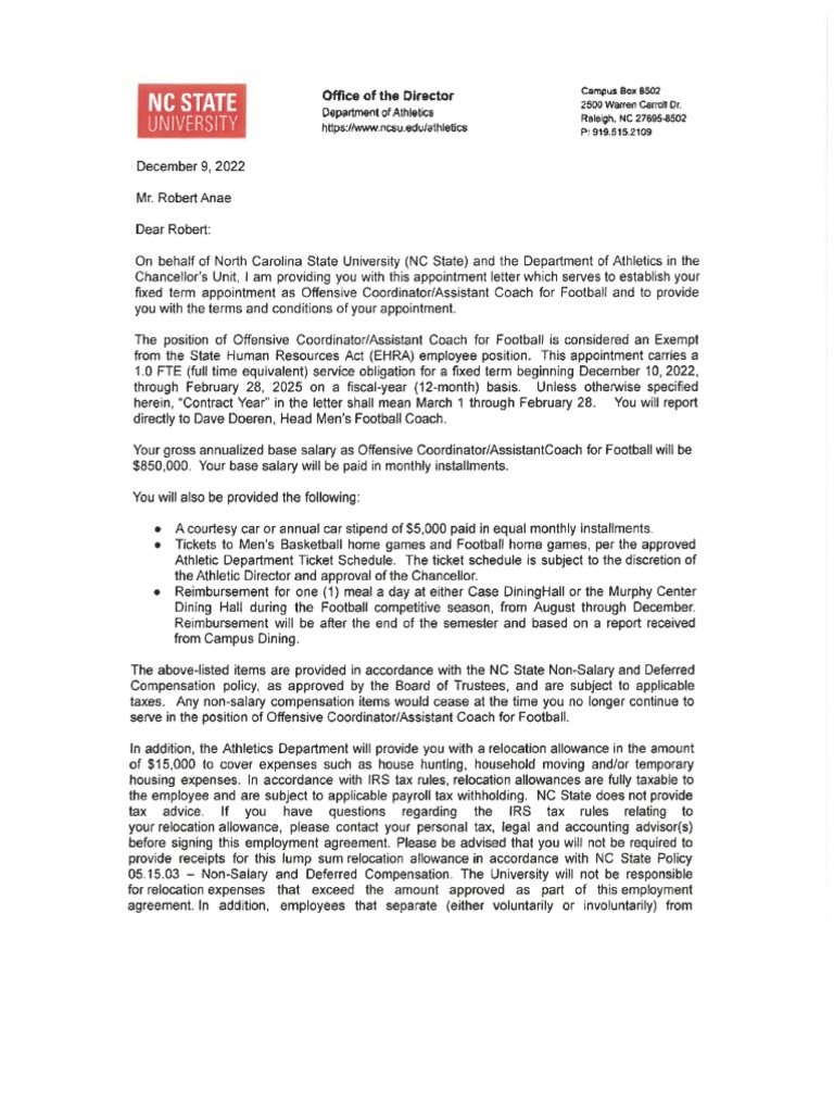 Robert Anae N.C. State Contract | PDF