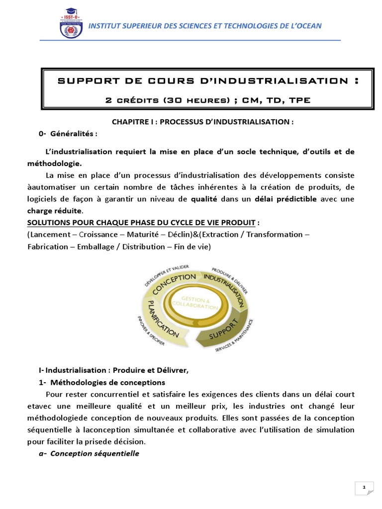 Cours d'INDUSTRIALISATION Actualisé PDF Cycle de vie d'un produit — free download