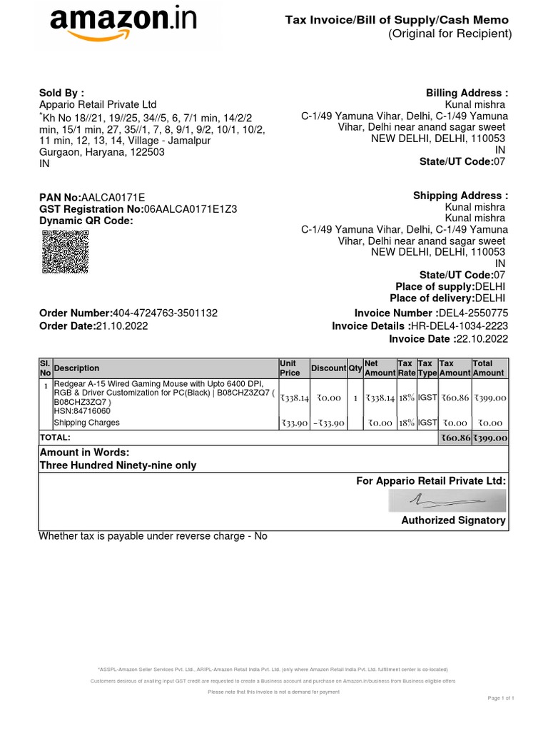 Amazon GST Invoice for Gaming Mouse | PDF | Invoice | Trade