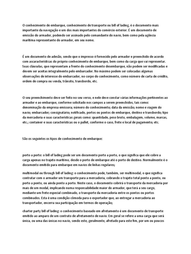 O Conhecimento de em Embarque | PDF | Transporte | Porto