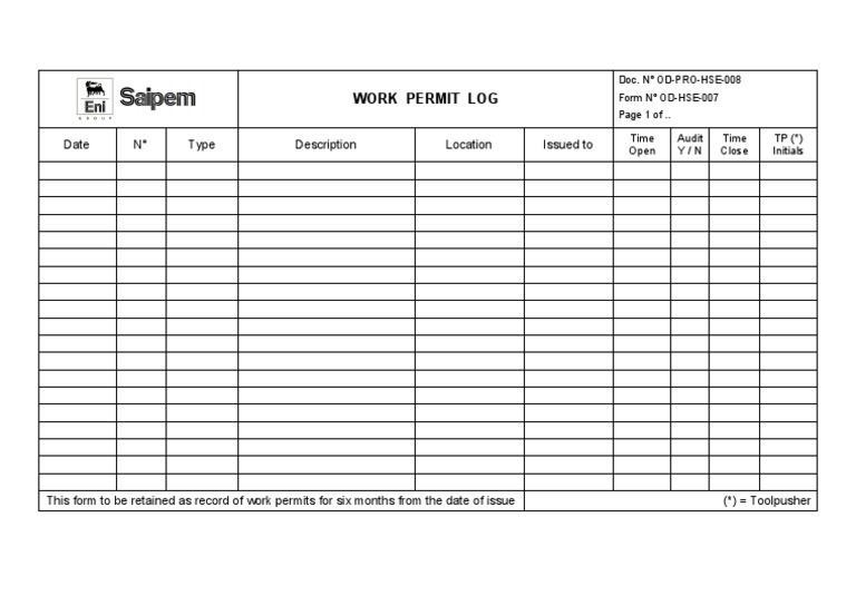OD-HSE-007 Work Permit Log | PDF