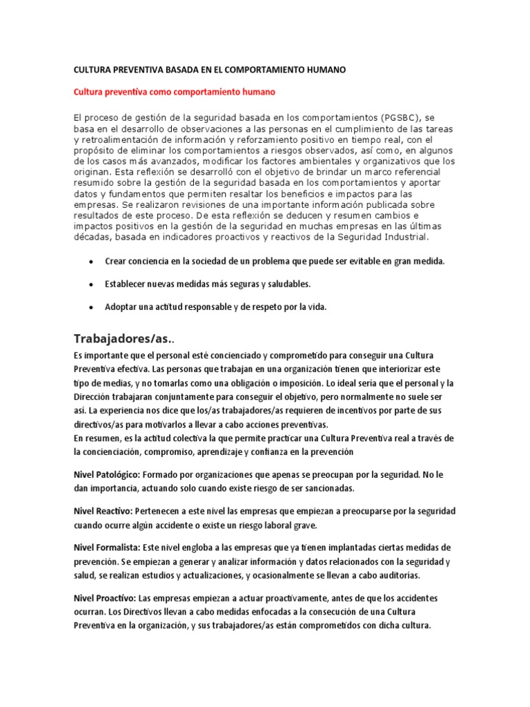 Cultura Preventiva en Seguridad Laboral | PDF | Comportamiento | Business