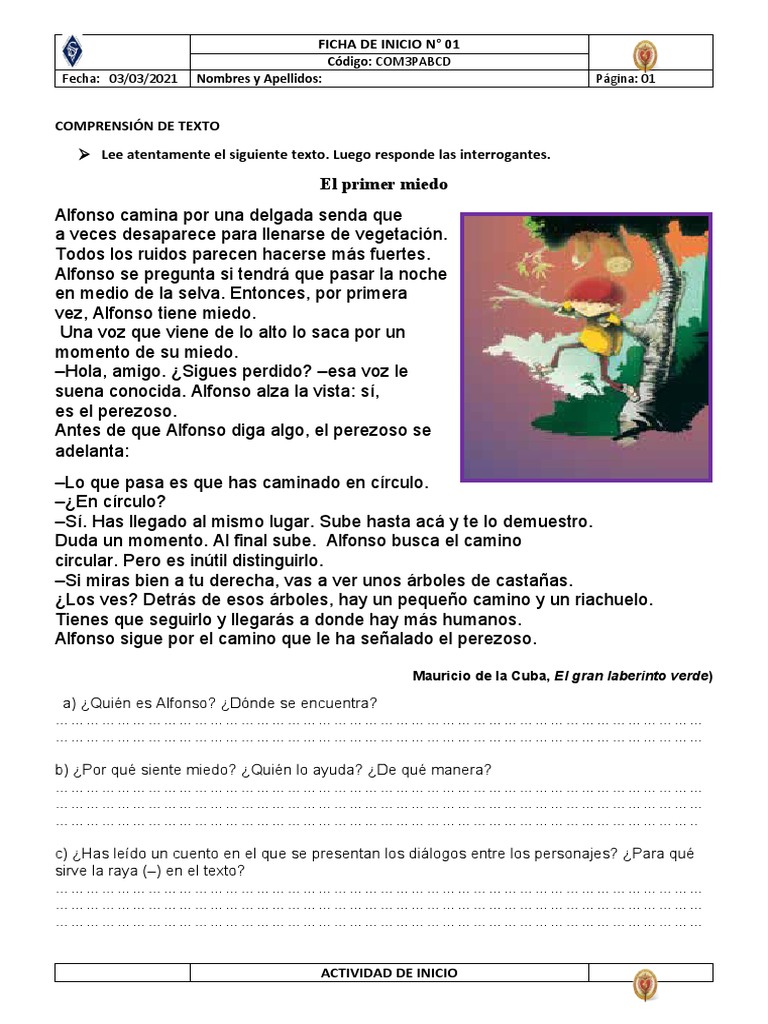 Act 01 Leemos Mi Primer Miedo | PDF | Estudios de idiomas extranjeros