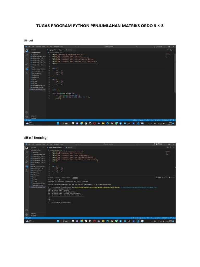 Tugas Program Python Penjumlahan Matriks Ordo 3 X 3 | PDF