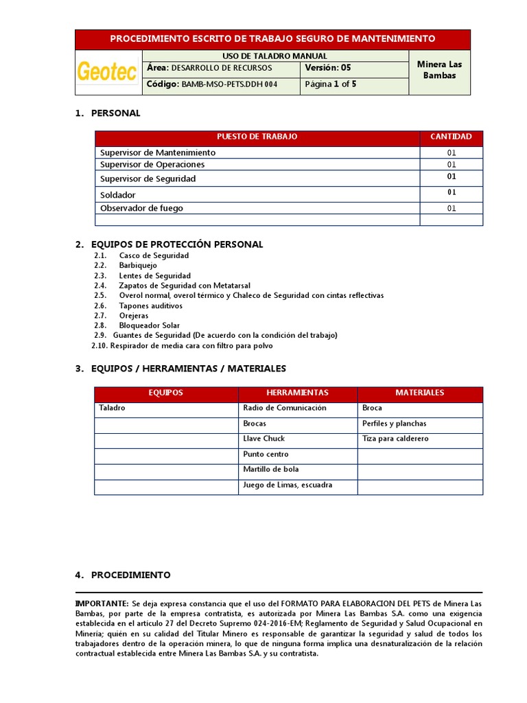 Bamb-Mso-Pets - DDH 004 Uso de Taladro Manual | PDF | Perforar | Minería