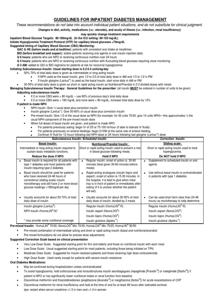 GUIDELINES FOR INPATIENT DIABETES MANAGEMENT هااام PDF Insulin