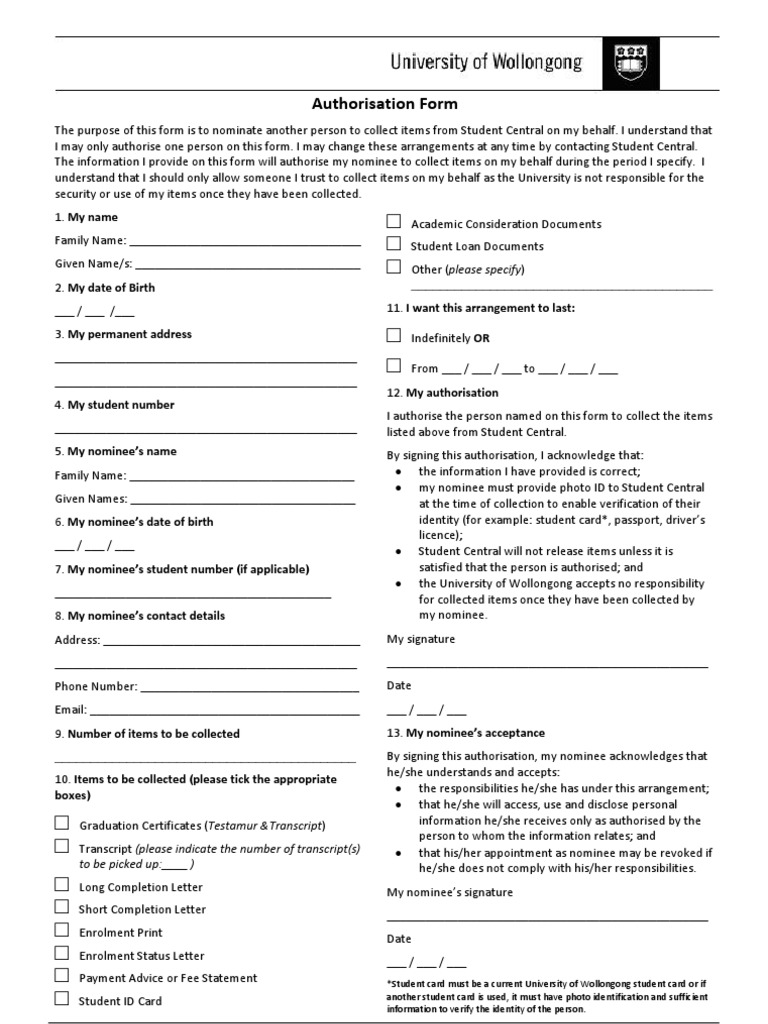 Authorisation Form: To Be Picked Up: - ) | PDF