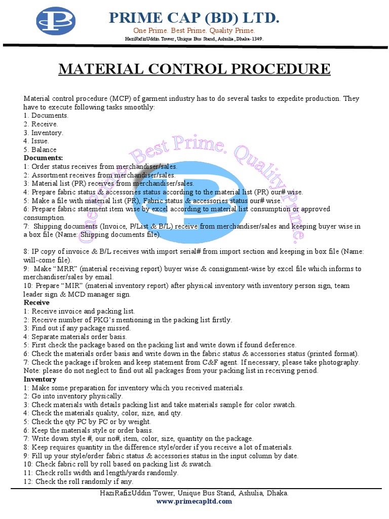 Material Control Procedure PDF Inventory