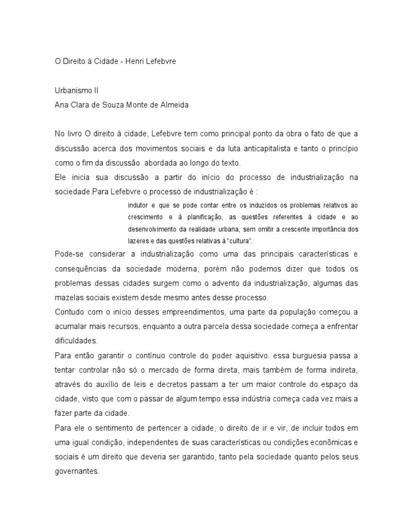 O Direito à Cidade Henri Lefebvre (resenha) PDF