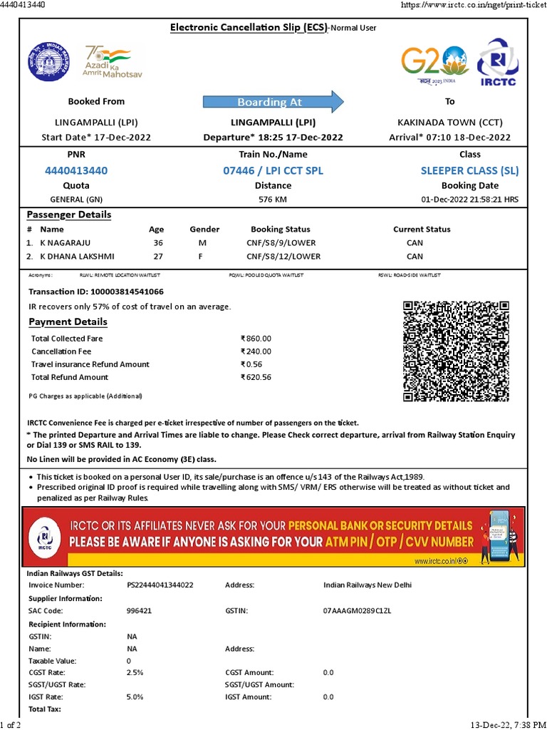 Sleeper Train Ticket Cancellation Charges Before 24 Hours