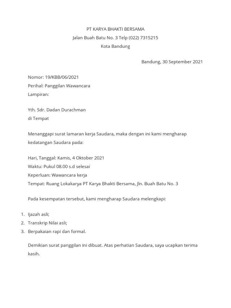 Contoh Surat Panggilan Kerja | PDF