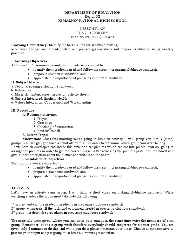 Grade 9 Cookery Lesson Plan: Sandwiches | PDF | Lesson Plan | Coleslaw