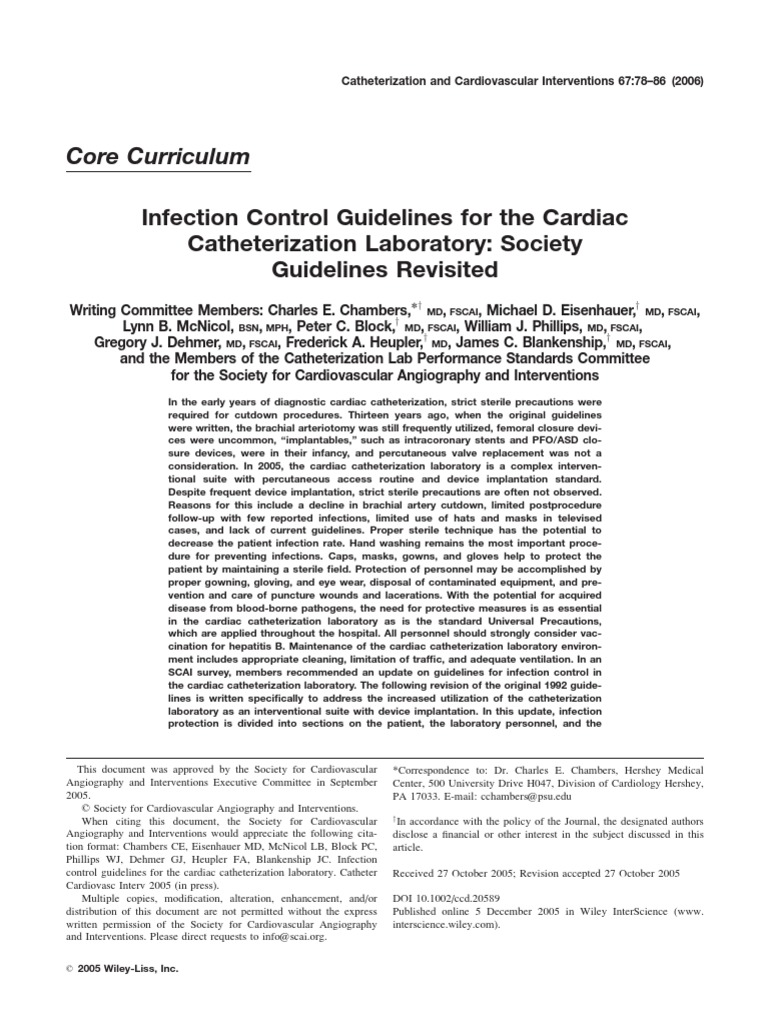 Cathet Cardio Intervent 2005 Chambers Infection Control Guidelines For The Cardiac